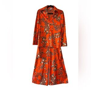 VTG 70s La Chat 3pc Pants Suit Set Orange Floral Jacket Top Pants M/L Festival